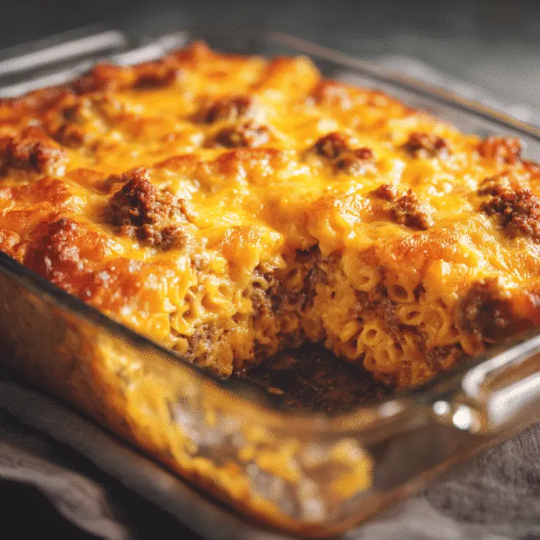 Mac and cheese meatloaf casserole in baking dish