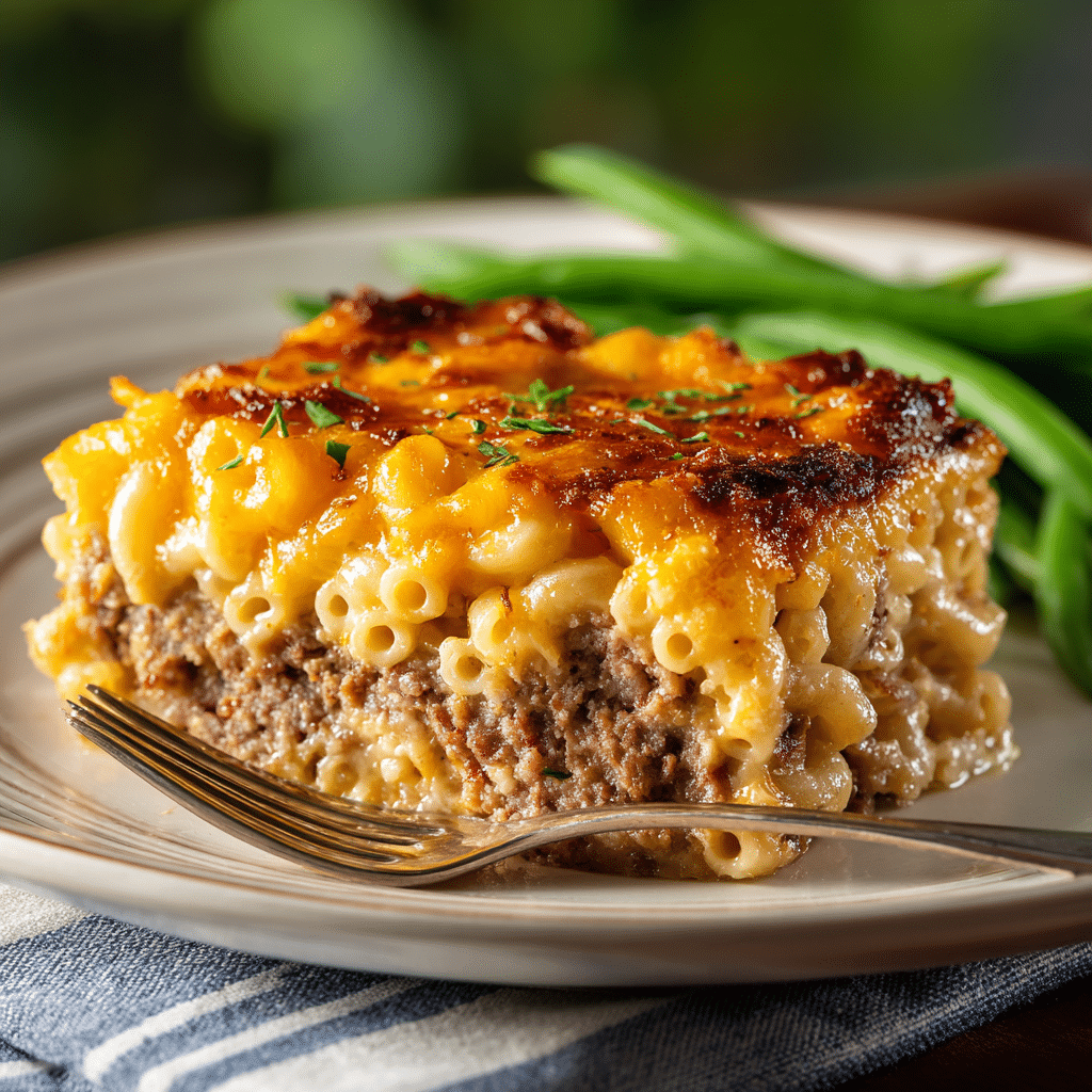 Mac and cheese meatloaf casserole served on a plate