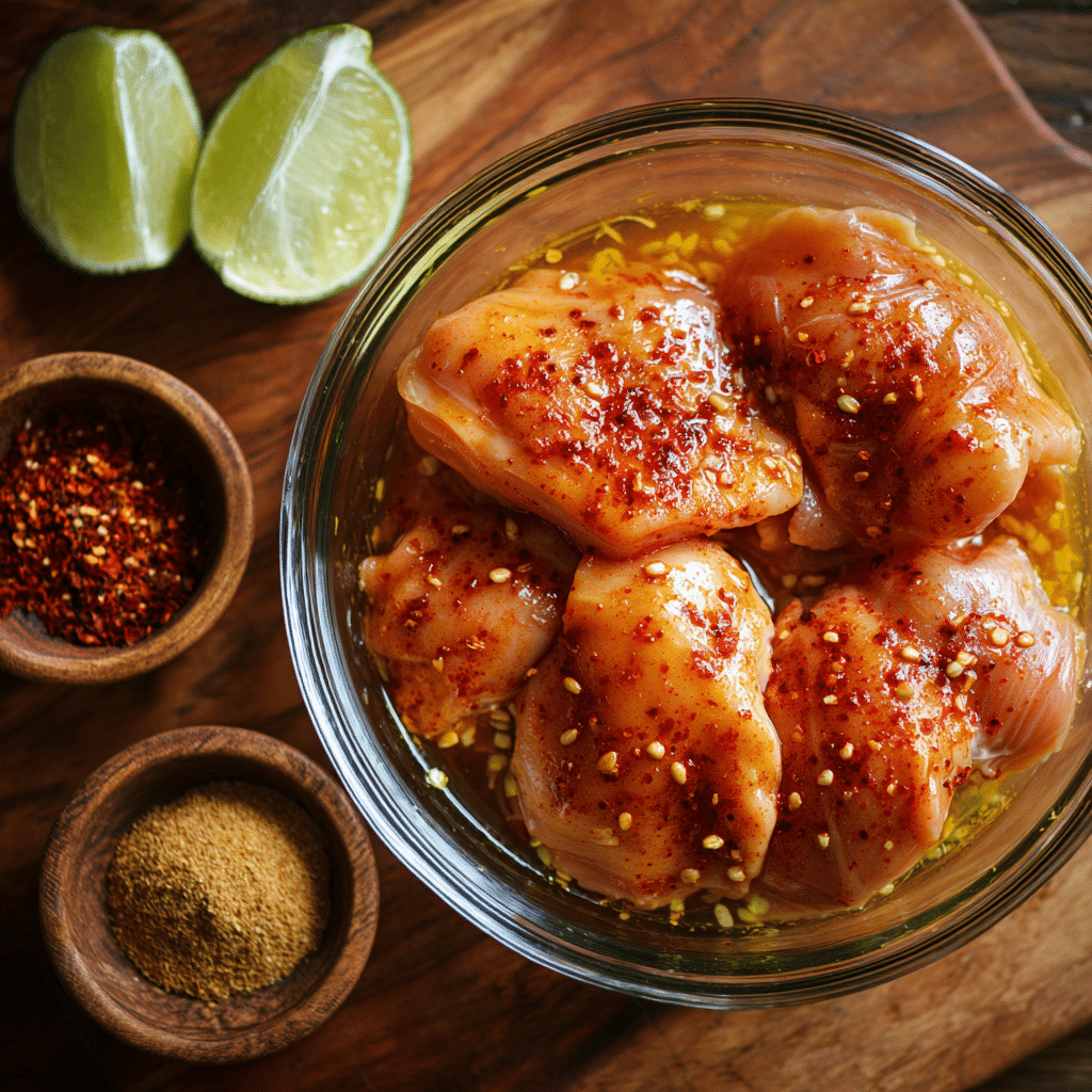 Chicken thighs marinating in lime juice, chili powder, cumin, and garlic in a glass bowl