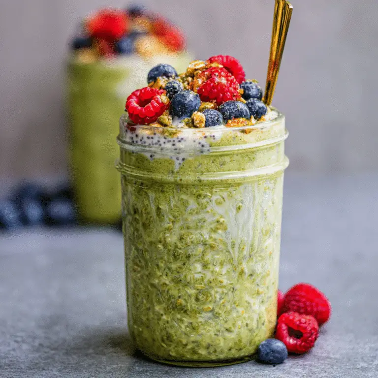 Matcha overnight oats with berries and honey