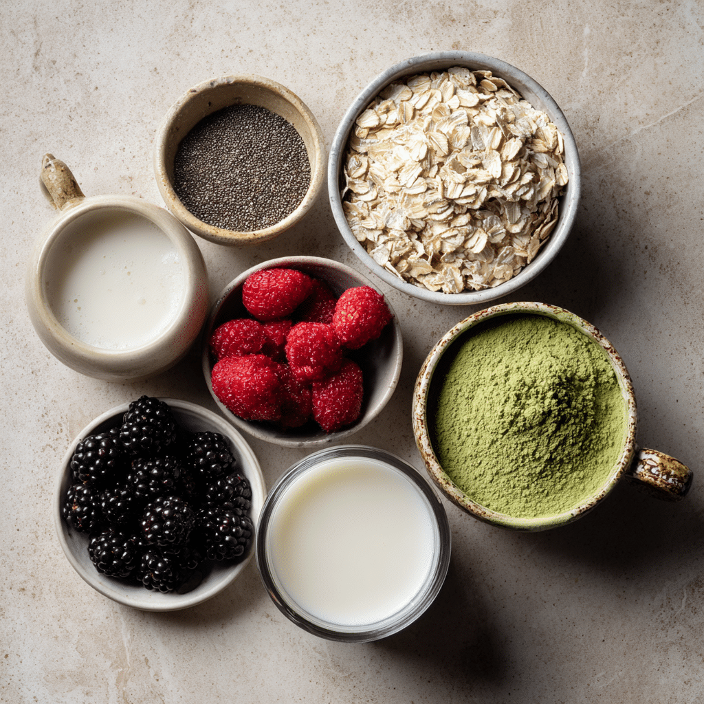 Ingredients for matcha overnight oats on counter