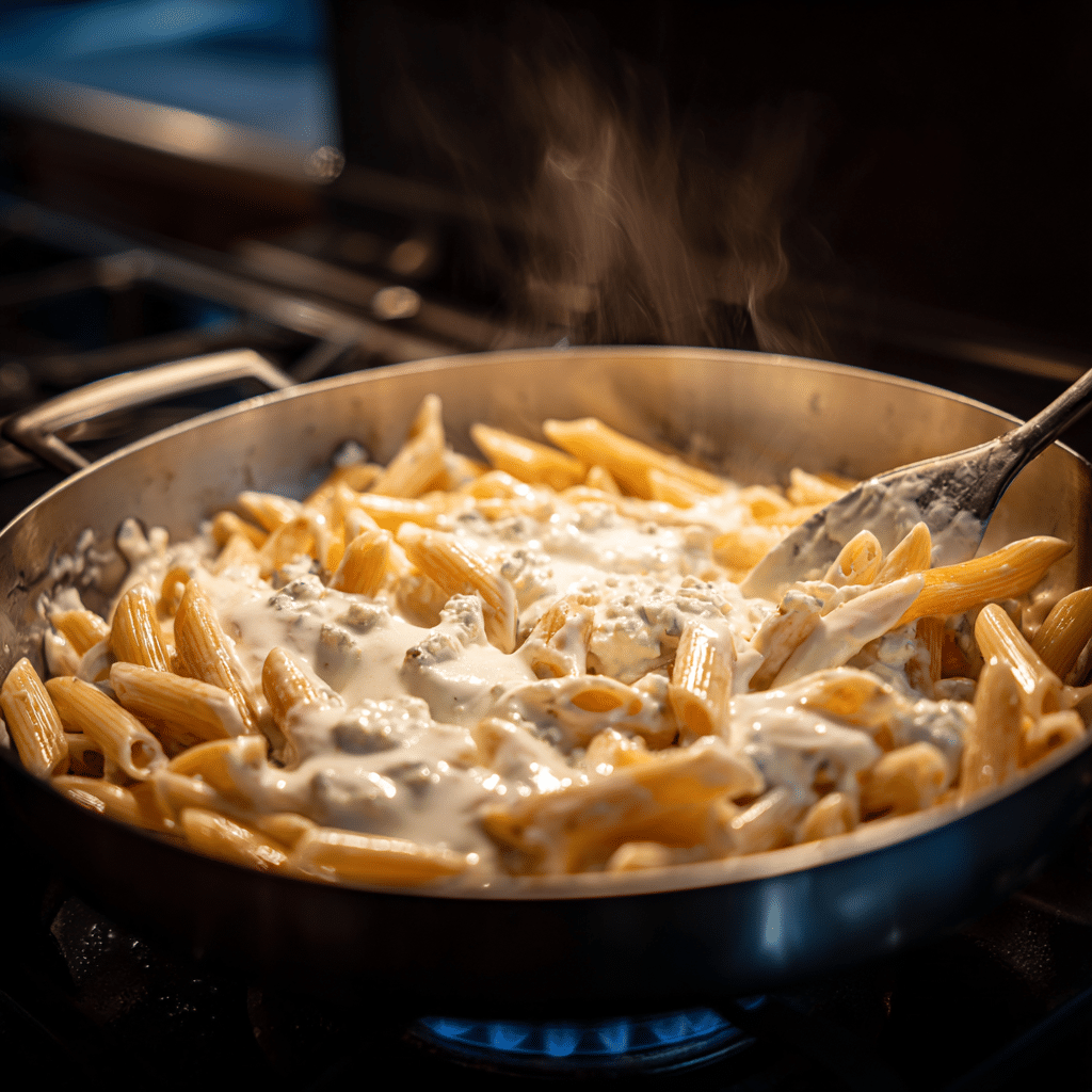 One Pot Boursin Pasta cooking in a skillet
