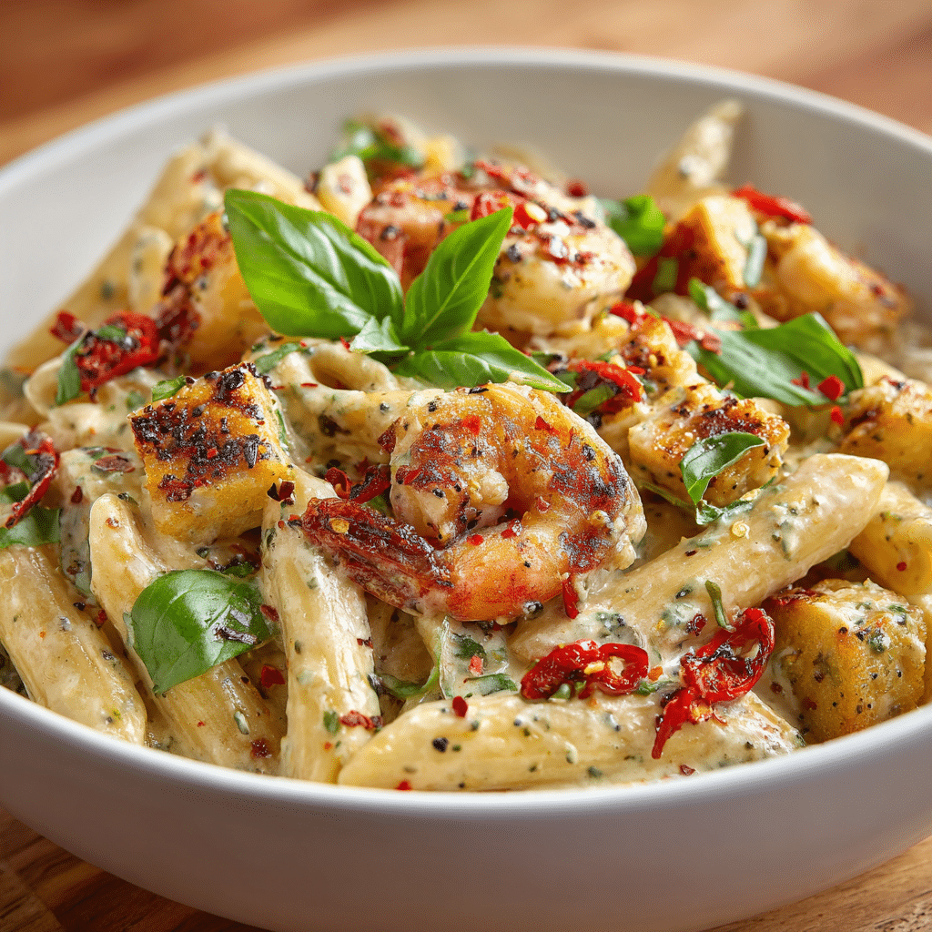 One Pot Boursin Pasta with chicken, shrimp, and tofu