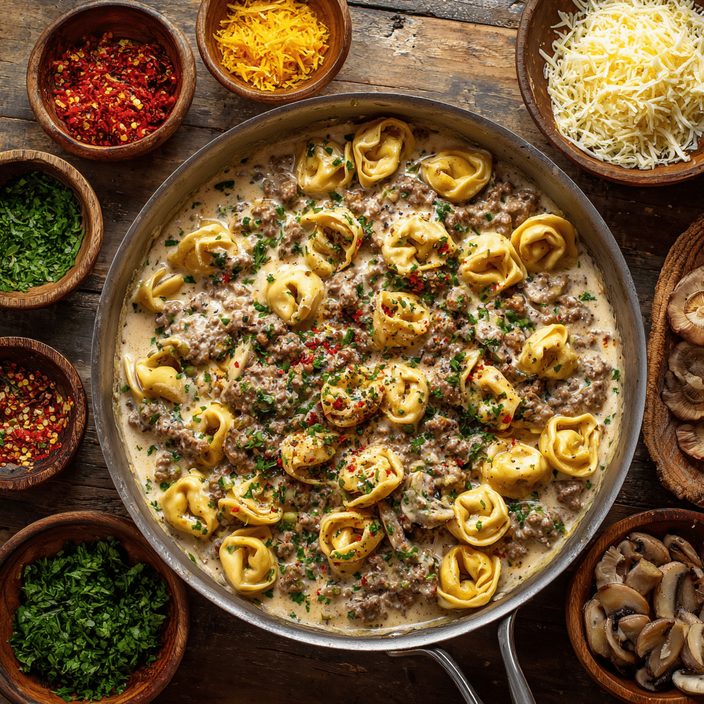 one-skillet beef stroganoff tortellini with garnishes and optional add-ins
