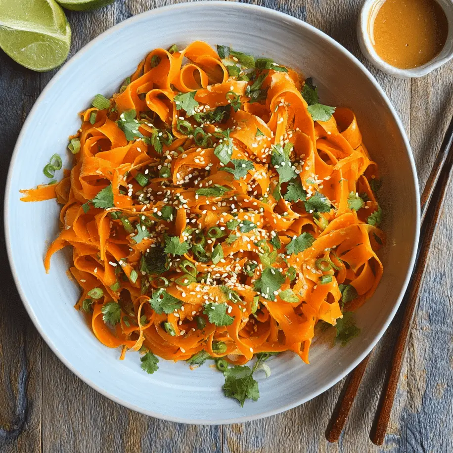 overhead view of raw carrot salad with herbs and green onions