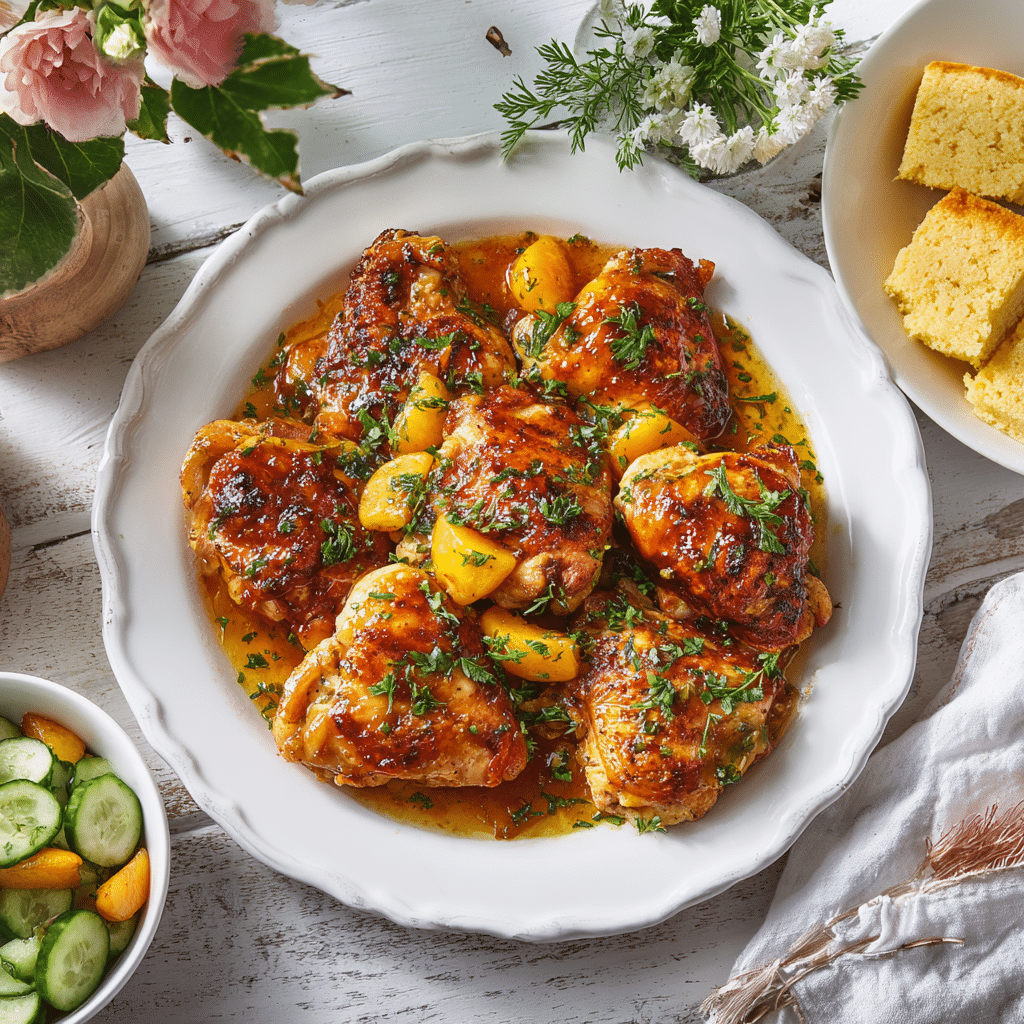 Peach chicken with Southern sides
