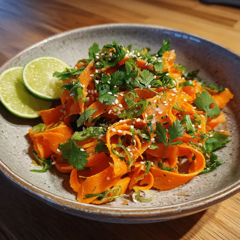 raw carrot salad in ceramic bowl with herbs and sesame