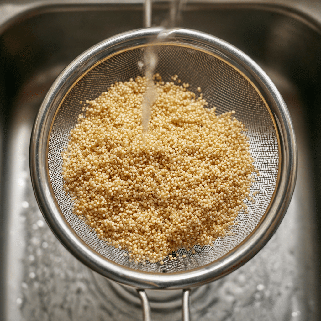 Rinsing quinoa in strainer before Instant Pot cooking