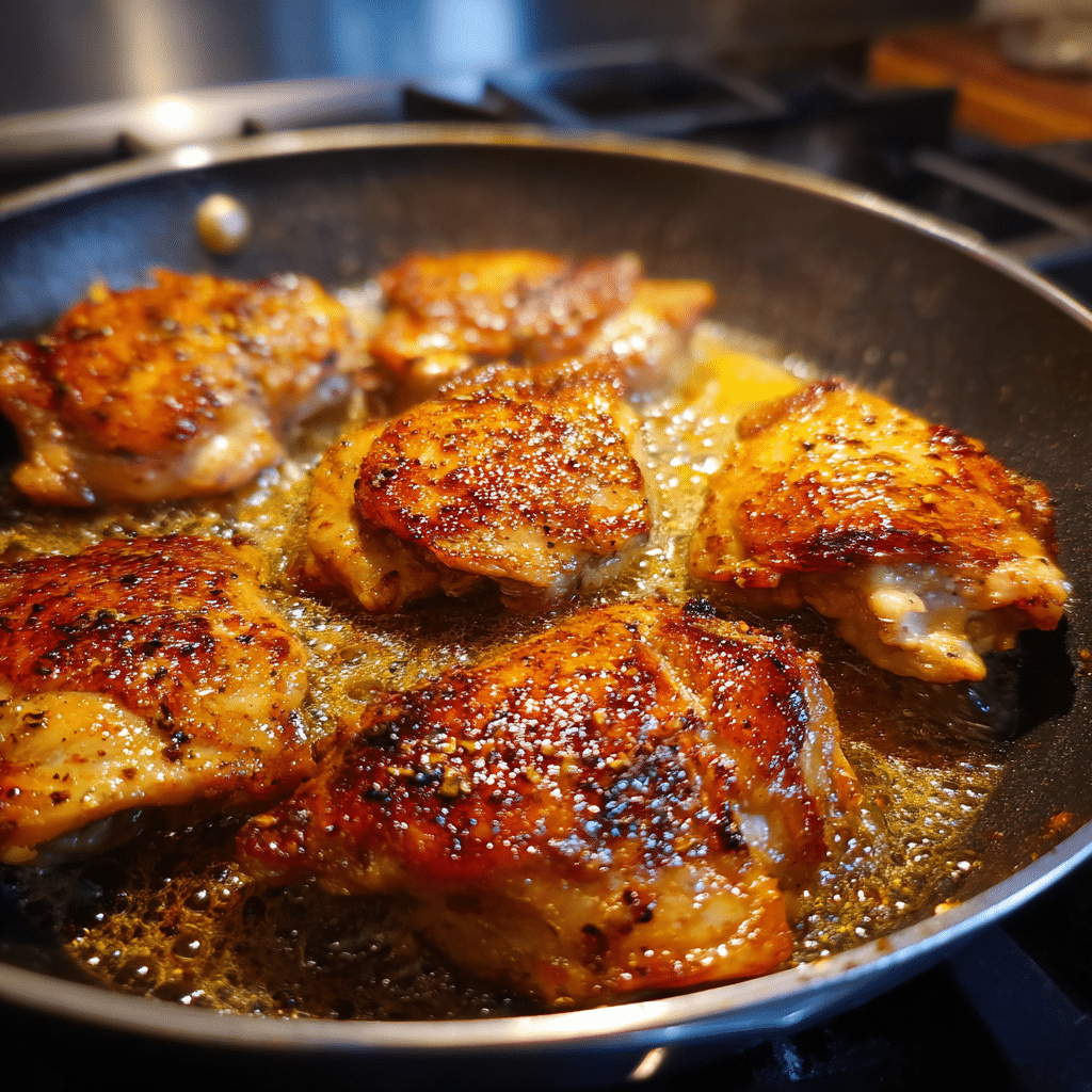 Chicken thighs searing in hot skillet
