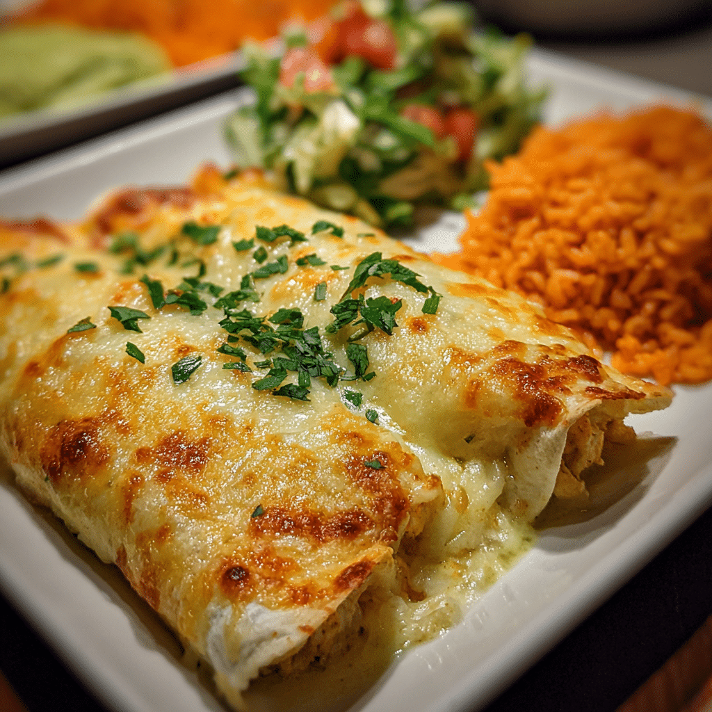 Serving white chicken enchiladas with rice and guacamole