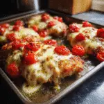 Sheet-pan chicken parmesan fresh out of the oven
