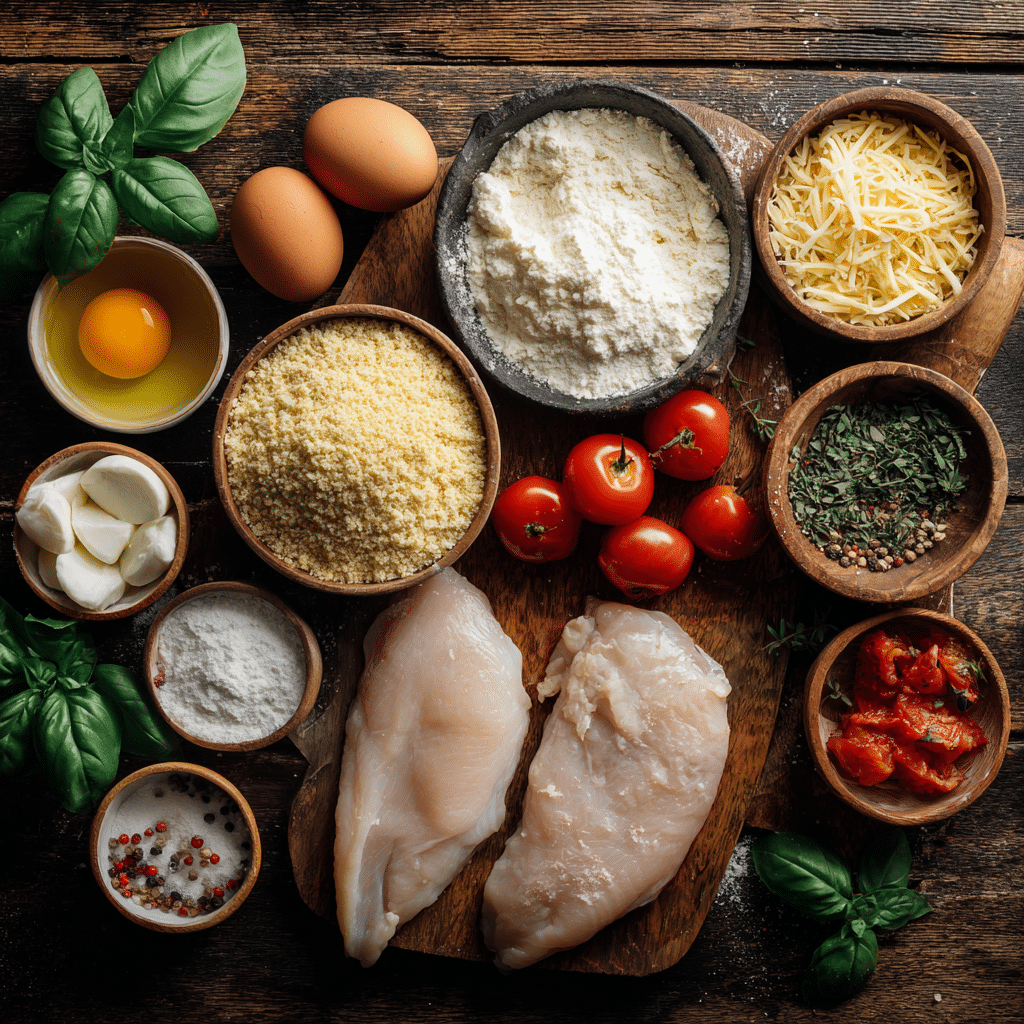 Ingredients for sheet-pan chicken parmesan laid out on a rustic kitchen counter