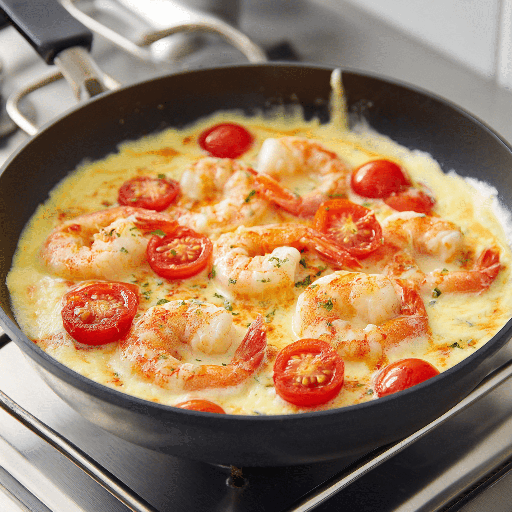 Shrimp simmering in creamy lobster bisque sauce in a non-stick skillet for viral Trader Joe’s Lobster Bisque Pasta