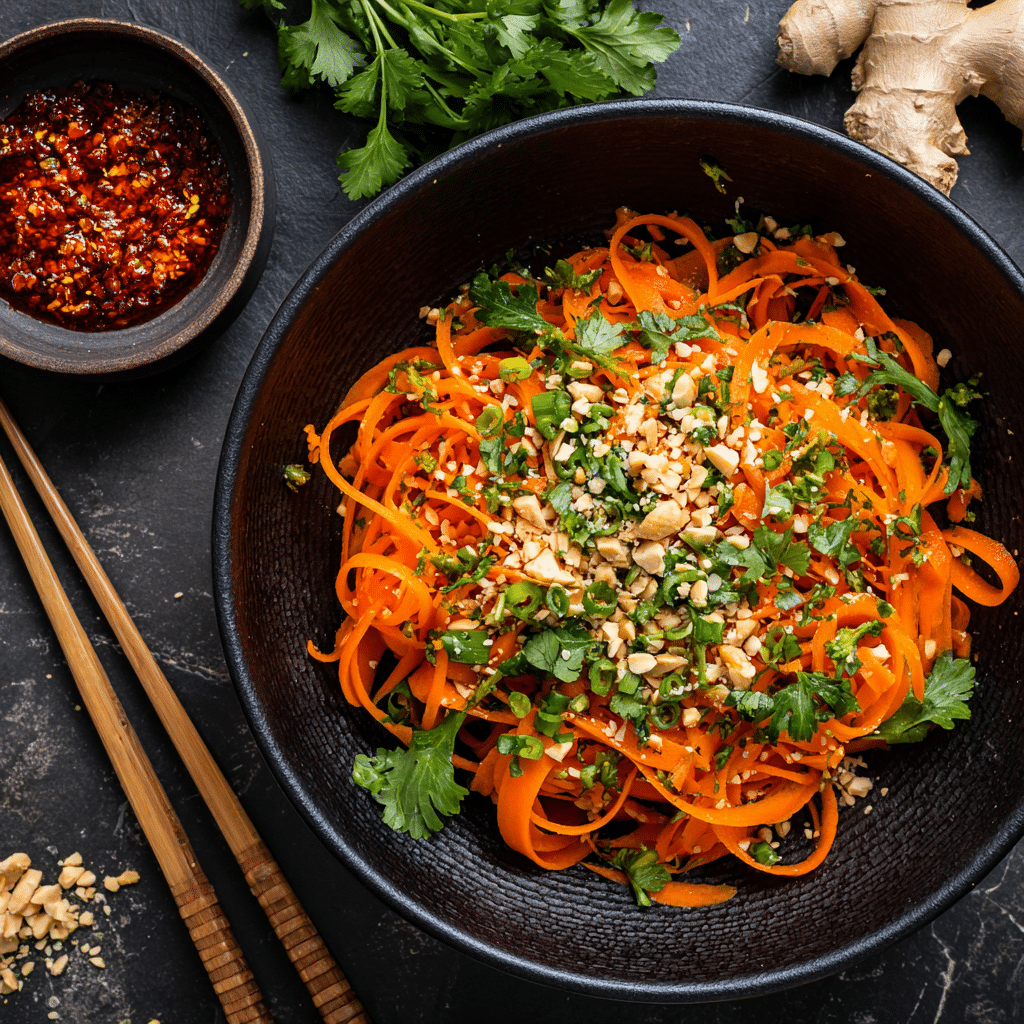 spicy raw carrot salad with chili oil, herbs, and green onions