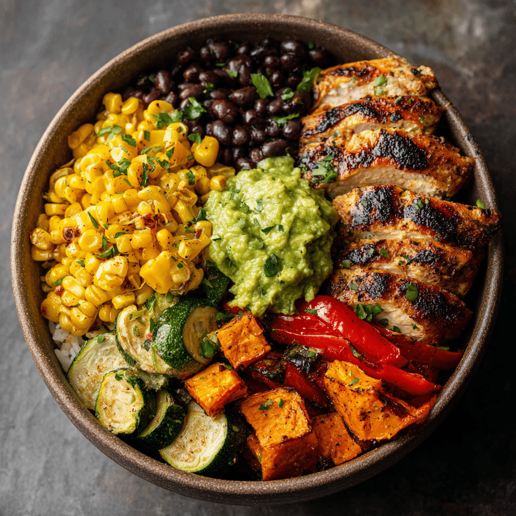 Street Corn Chicken Rice Bowl with black beans, guacamole, roasted bell peppers, zucchini, and sweet potatoes