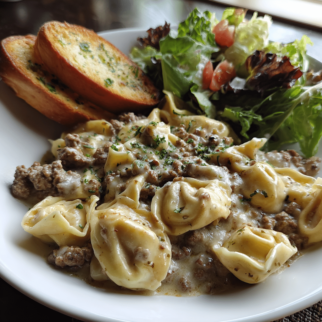 serving one-skillet beef stroganoff tortellini with garlic bread