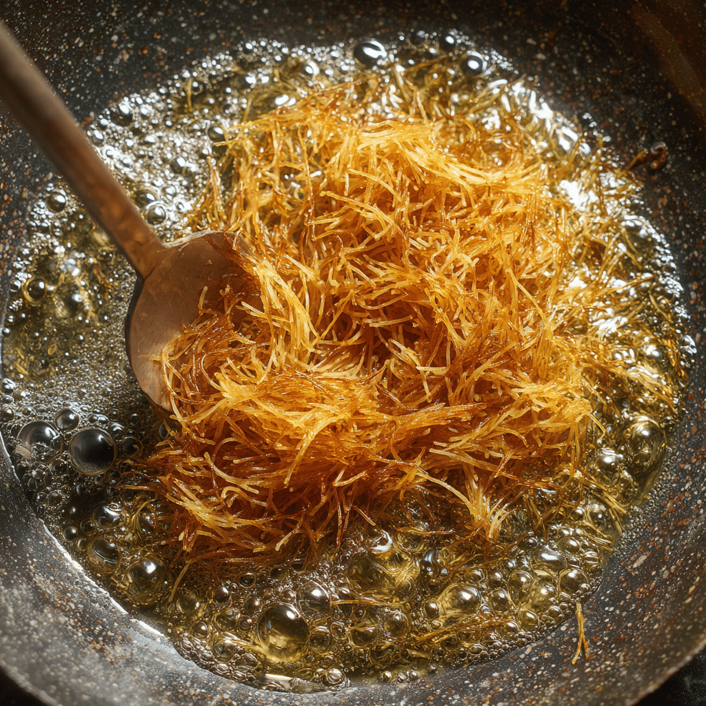 Toasting kataifi pastry for Dubai chocolate cheesecake crust