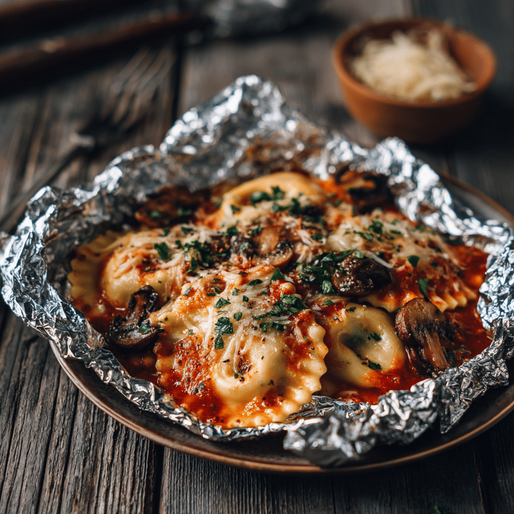 vegetarian foil pack ravioli with spinach, mushrooms, and vegan cheese