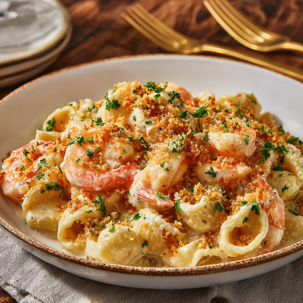 Viral Trader Joe’s Lobster Bisque Pasta topped with shrimp, breadcrumbs, and parsley in a ceramic bowl