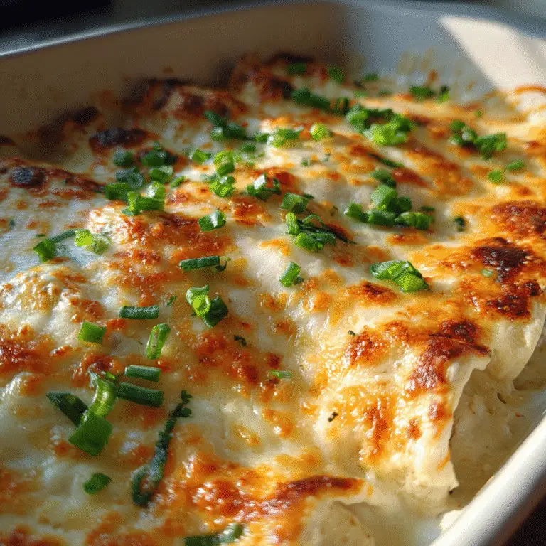 Creamy white chicken enchilada recipe in baking dish