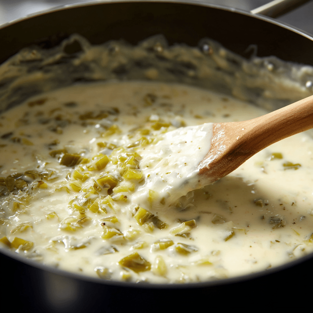 Creamy white enchilada sauce being stirred