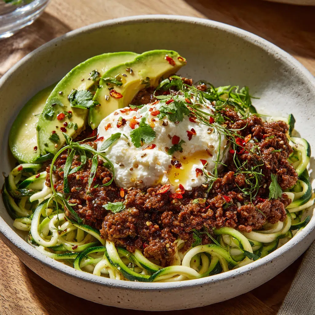 Ground beef hot honey bowl with zucchini noodles, avocado, and cottage cheese
