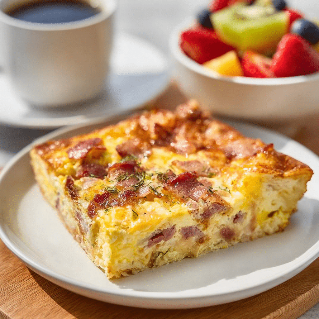Serving of Crack Breakfast Casserole with fruit salad