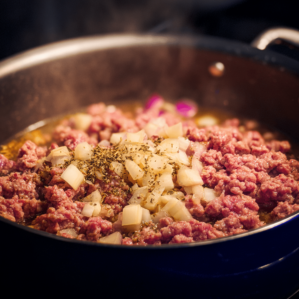 Browning ground beef for cabbage soup in a large soup pot