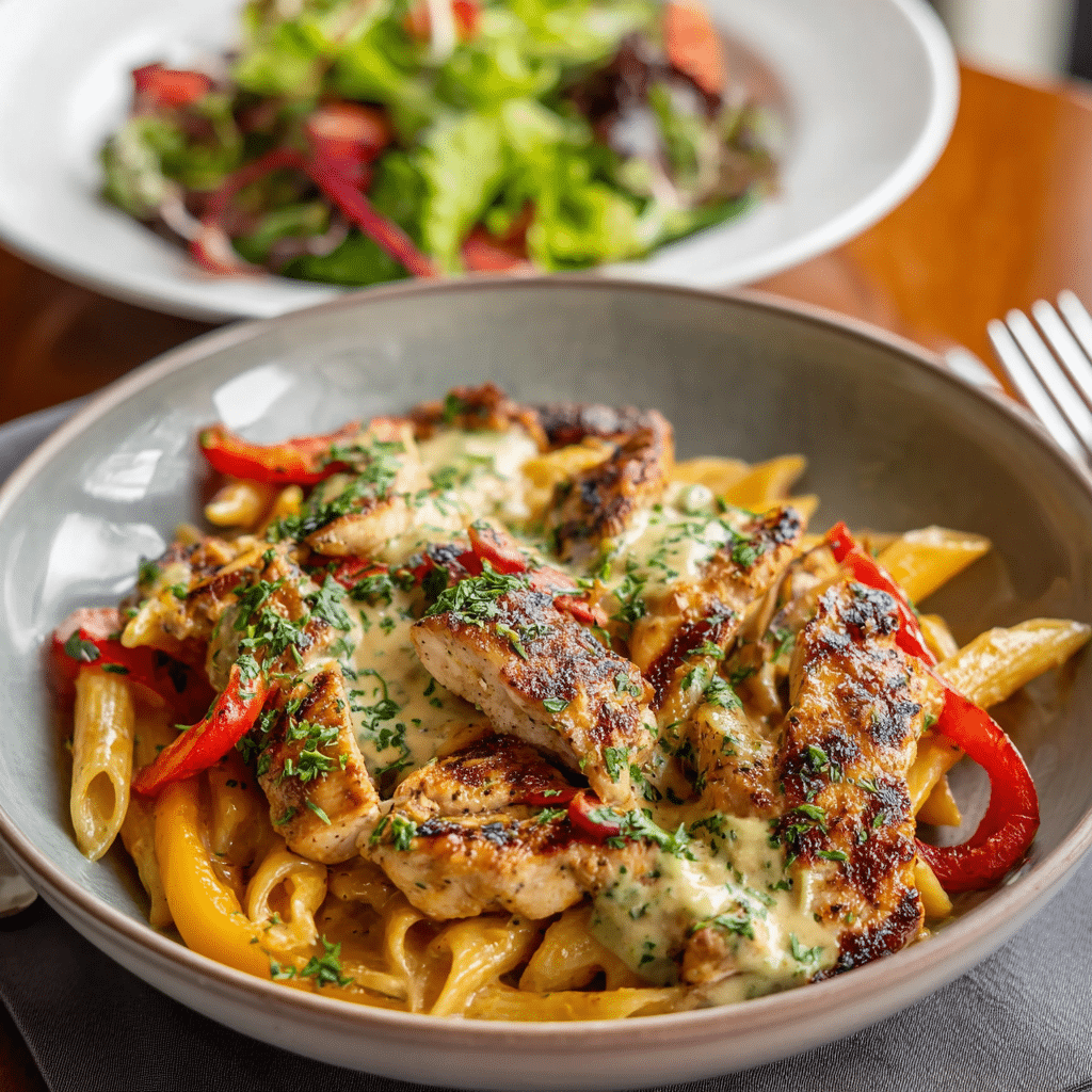 Dairy-Free Cajun Chicken Pasta served with salad 