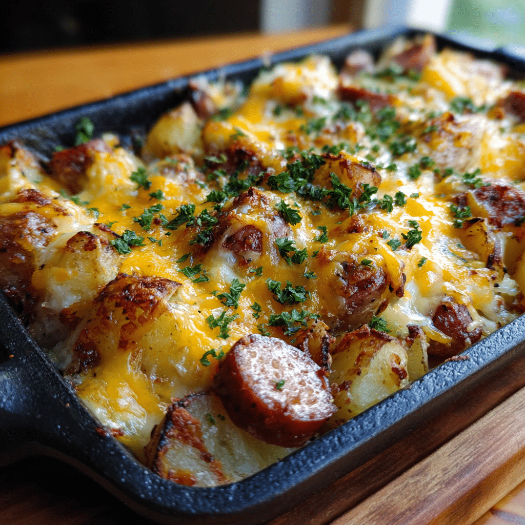 Creative variation of cheesy ranch potatoes and smoked sausage with golden roasted potatoes, sausage slices, and melted cheese in a skillet