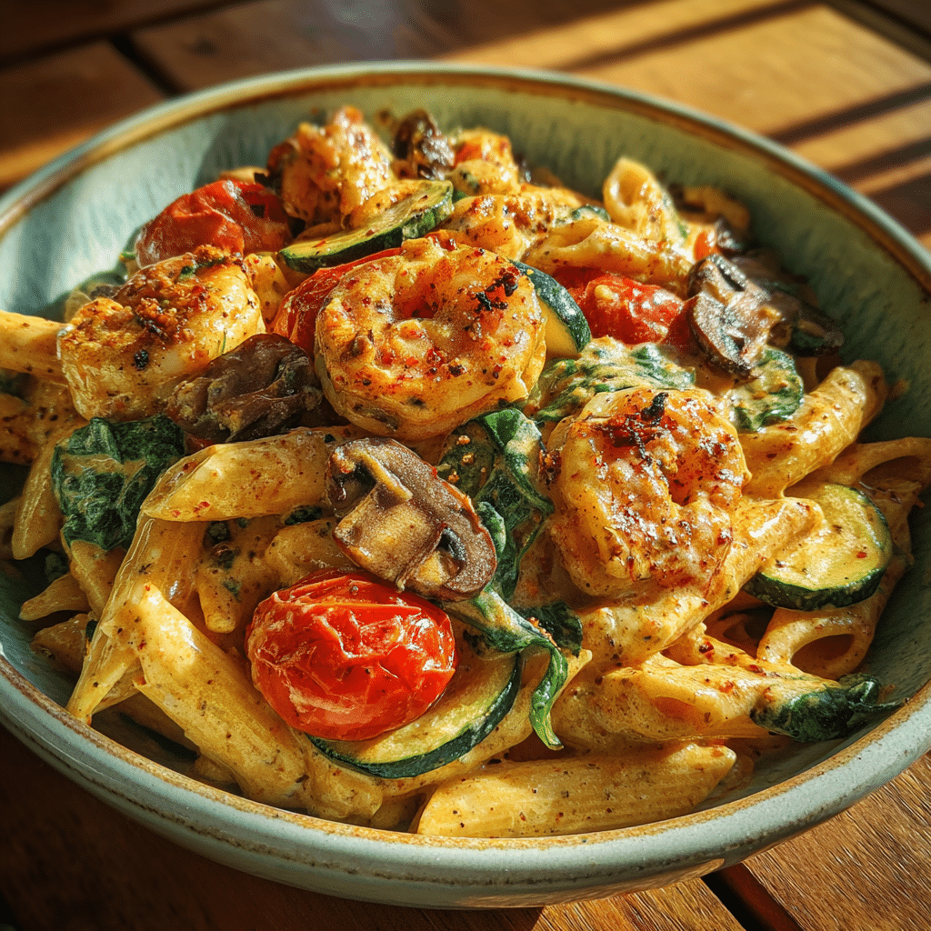 Cooked dairy-free Cajun chicken pasta with shrimp, spinach, and vegetables