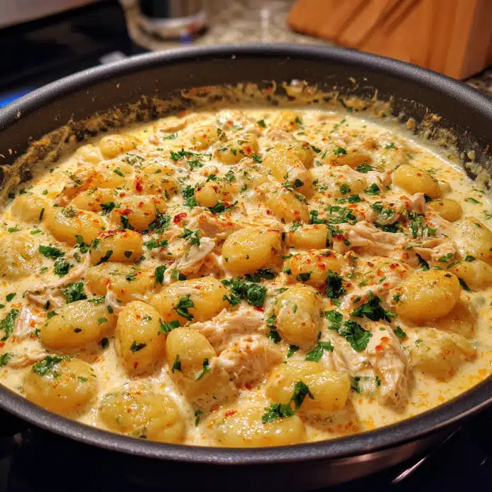 creamy crack chicken gnocchi cooking in skillet on stovetop