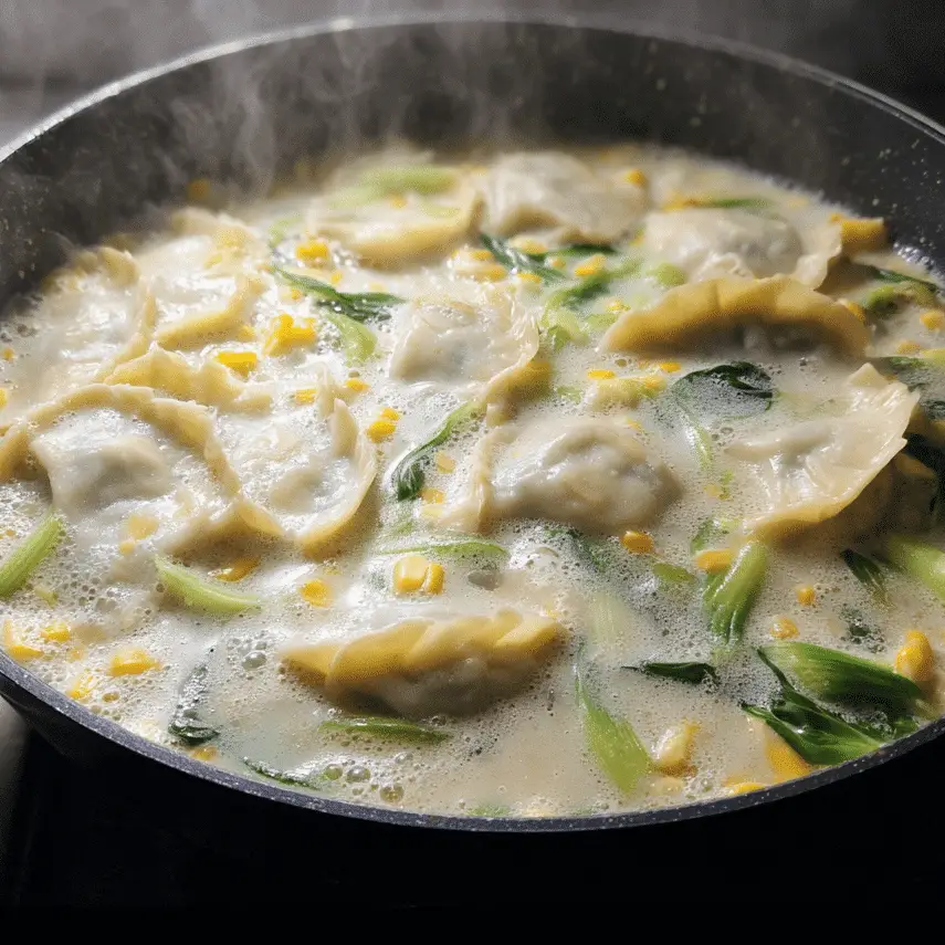 Dumplings simmering in coconut milk for one pan recipe