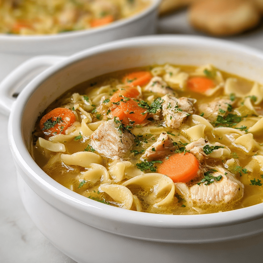 flavorful one pot chicken noodle soup with carrots, parsley, and egg noodles