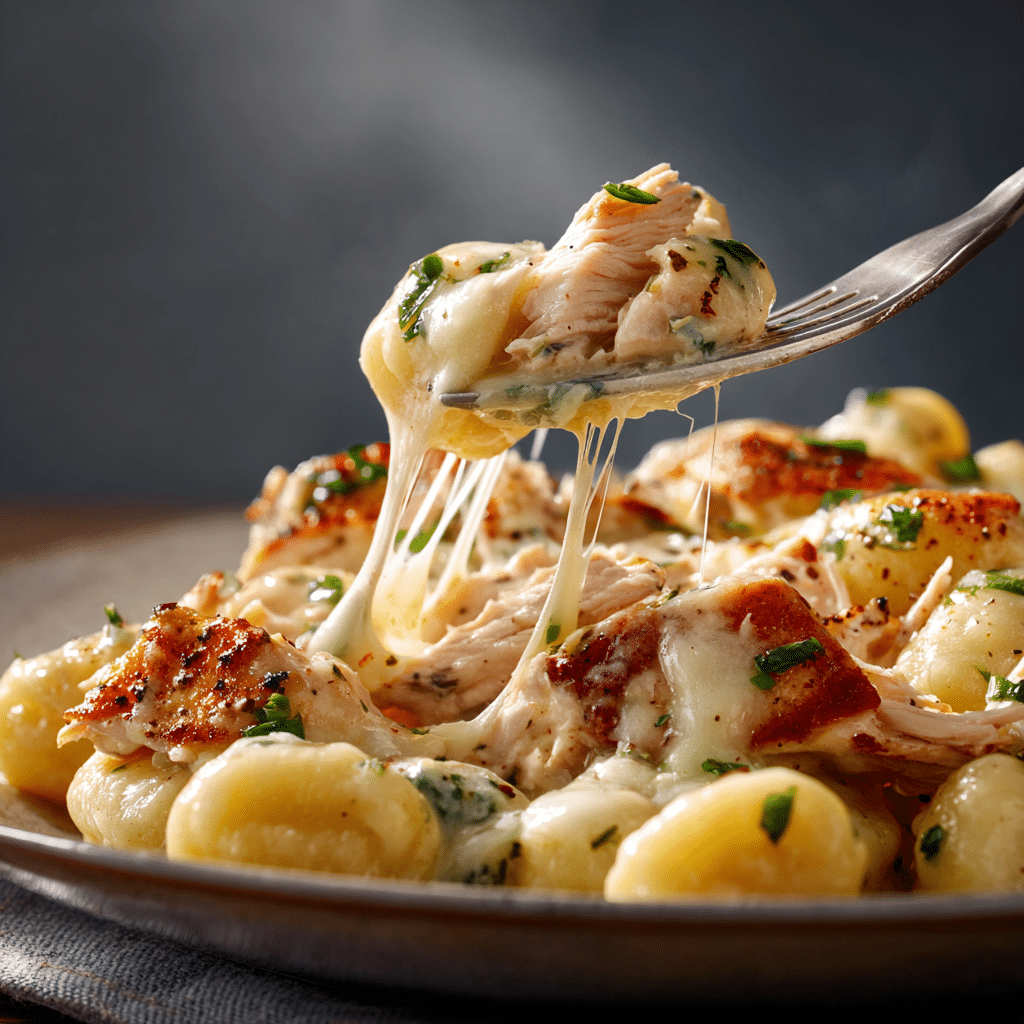 fork lifting creamy crack chicken gnocchi with cheese