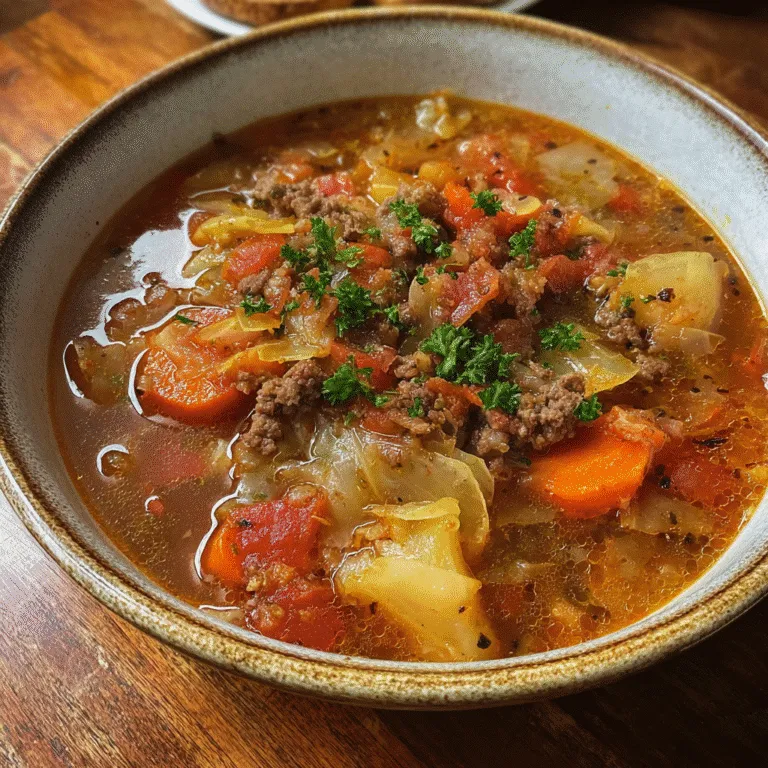 Close-up of hearty ground beef and cabbage soup in a rustic bowl