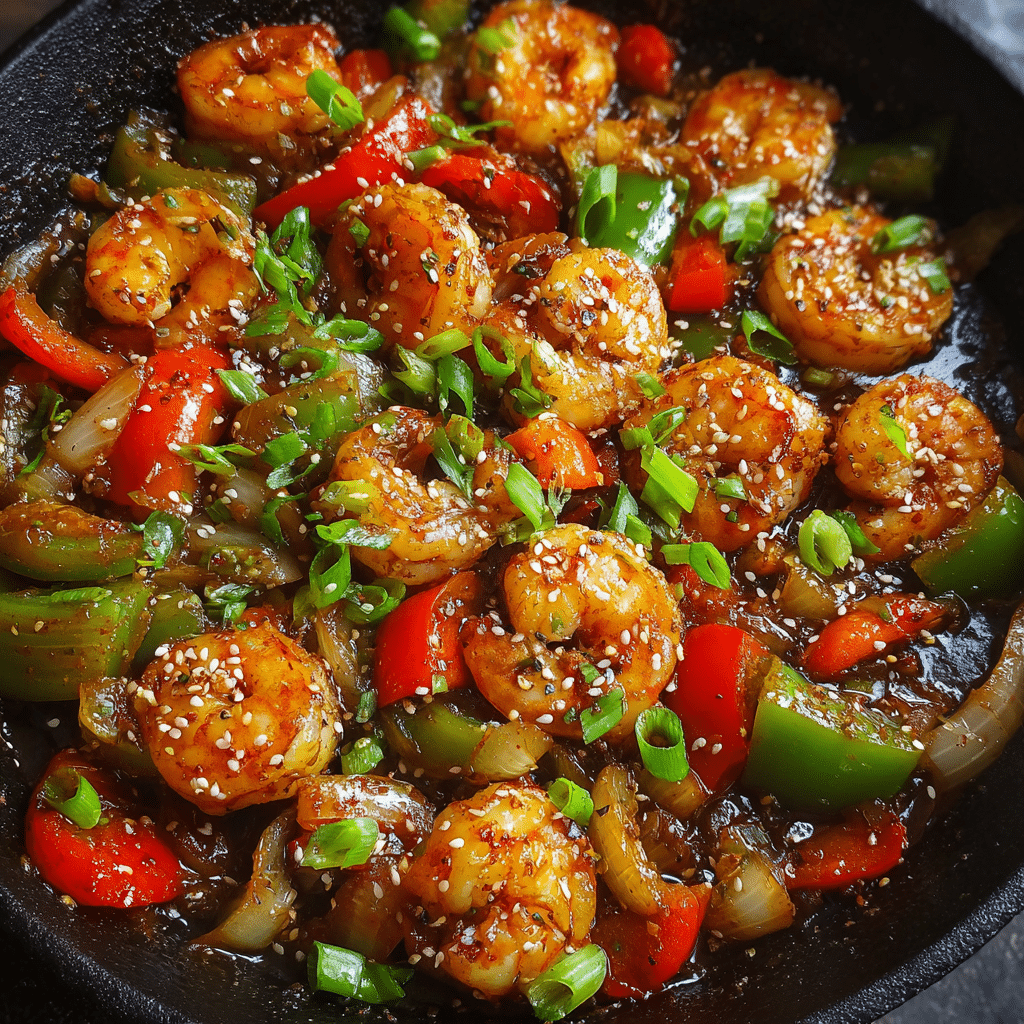 one pan pepper shrimp stir fry in a skillet with peppers and onions