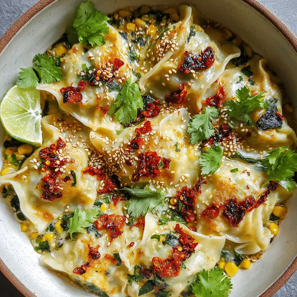 One Pan Sweet Corn Coconut Dumplings topped with chili crisp and fresh herbs