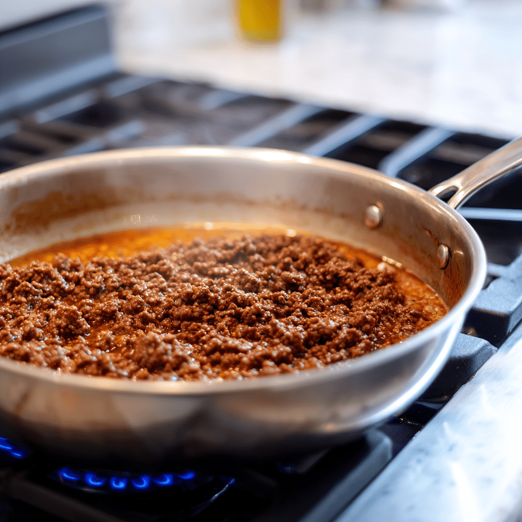Ground beef browning in a skillet for One-Pot Cheeseburger Macaroni