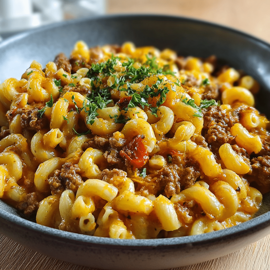 Bowl of One-Pot Cheeseburger Macaroni garnished with parsley