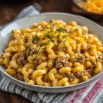 One-Pot Cheeseburger Macaroni in skillet with melted cheddar cheese