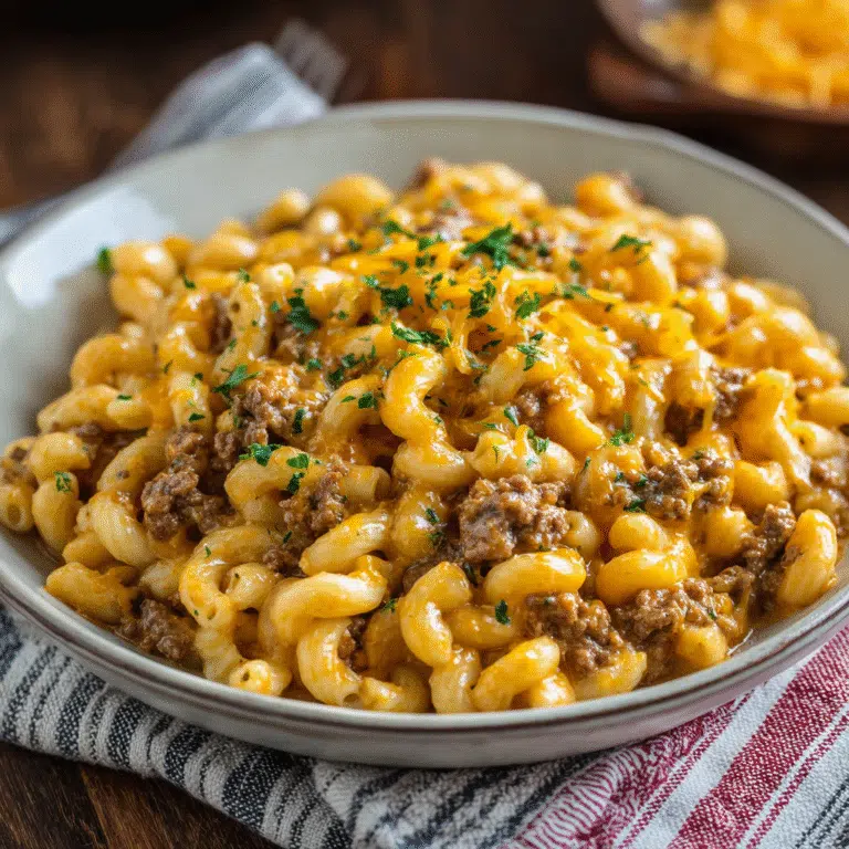 One-Pot Cheeseburger Macaroni in skillet with melted cheddar cheese