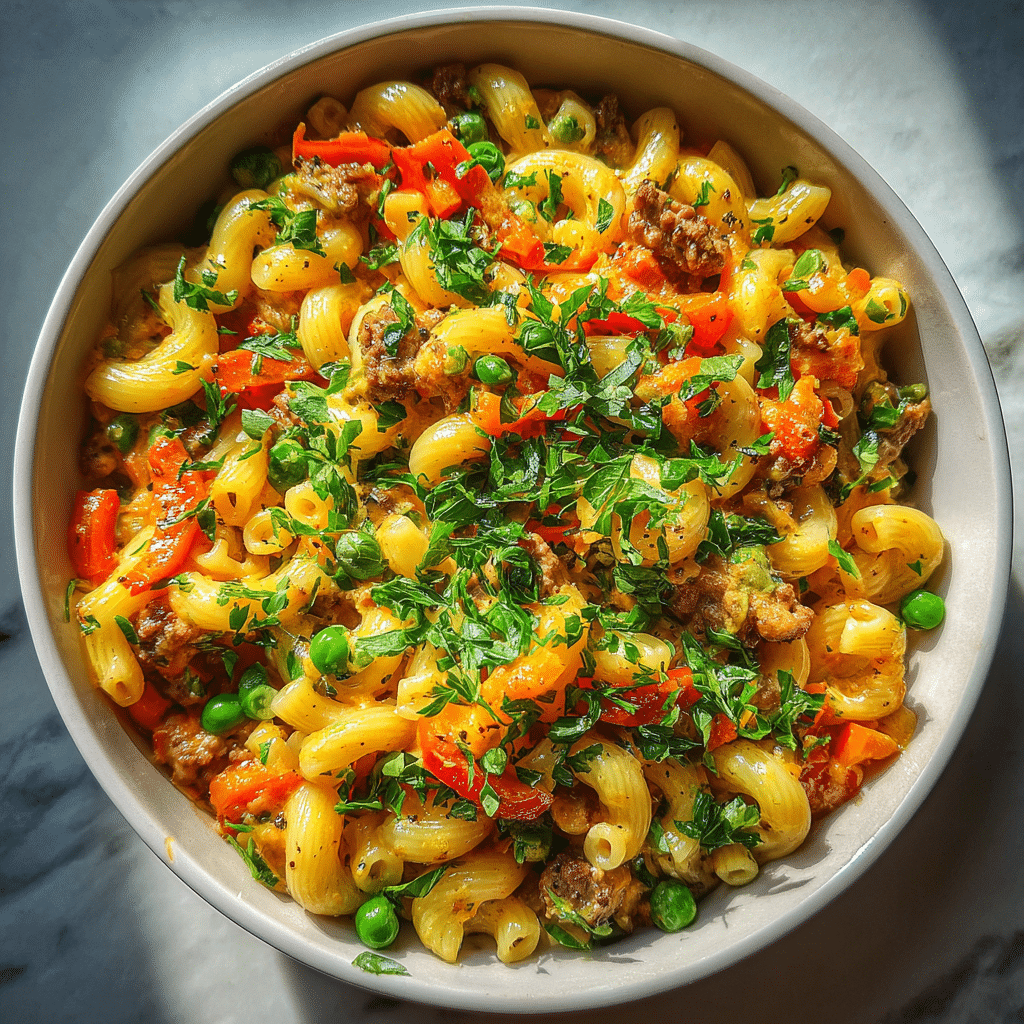 One-Pot Cheeseburger Macaroni with vegetables and creamy add-ins