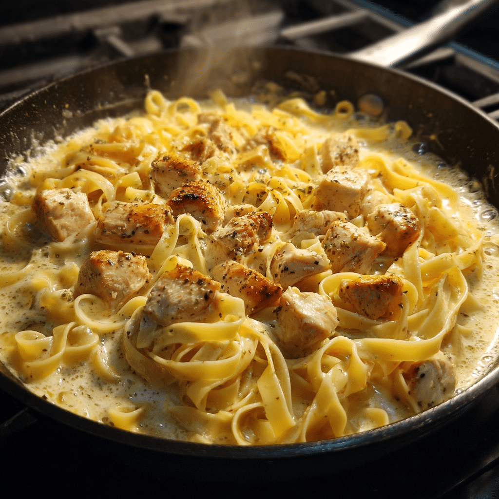 One Pot Chicken Alfredo Pasta cooking in skillet with chicken and creamy sauce
