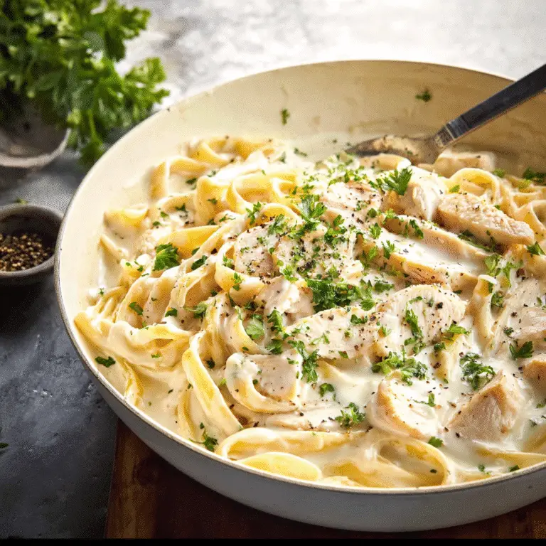One Pot Chicken Alfredo Pasta in creamy sauce with parsley garnish