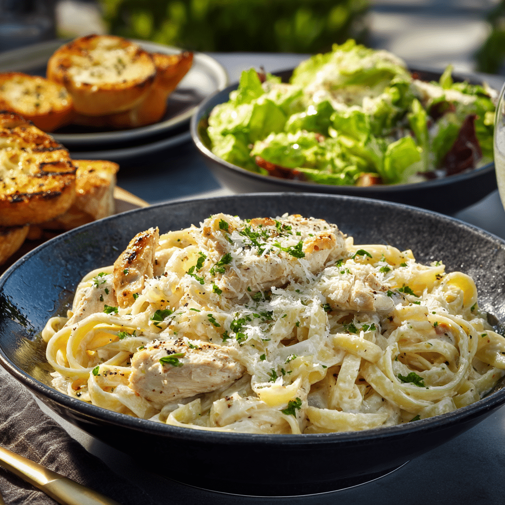 One Pot Chicken Alfredo Pasta with salad and garlic bread