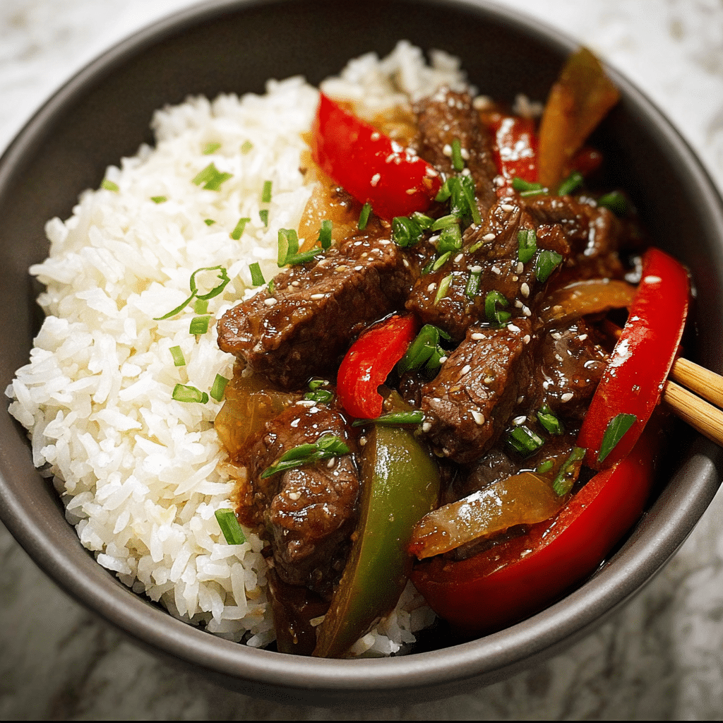 serving one pan pepper steak with rice