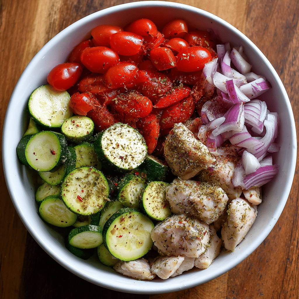 Prepping ingredients for Sheet Pan Mediterranean Chicken Zucchini