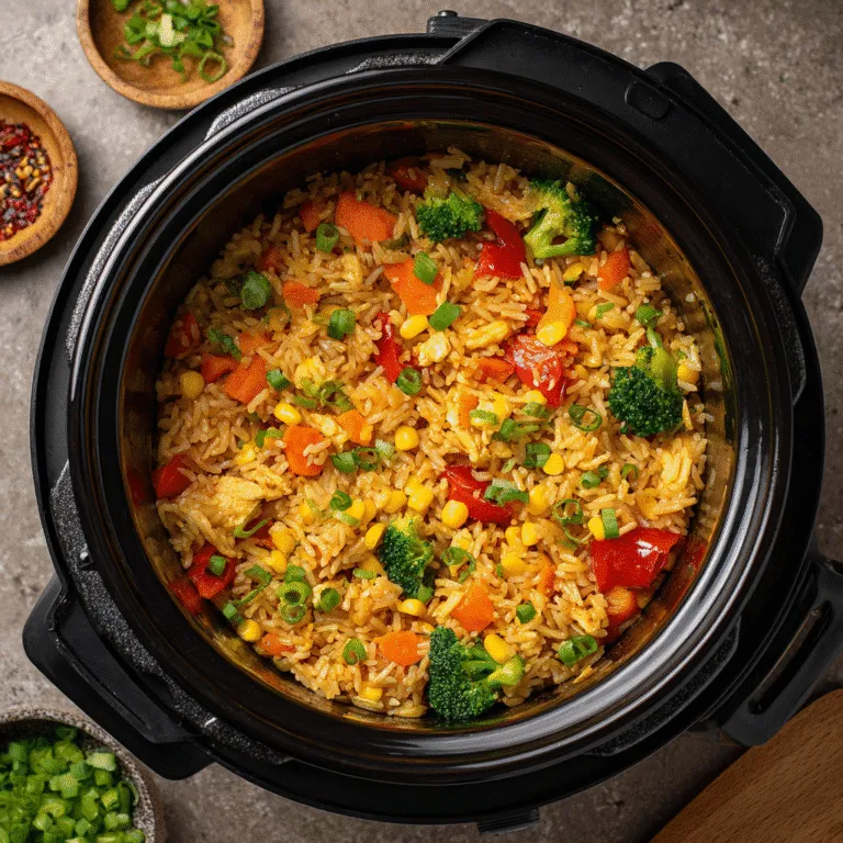 Rainbow Fried Rice (one-pot rice cooker recipe) cooked in rice cooker with vegetables