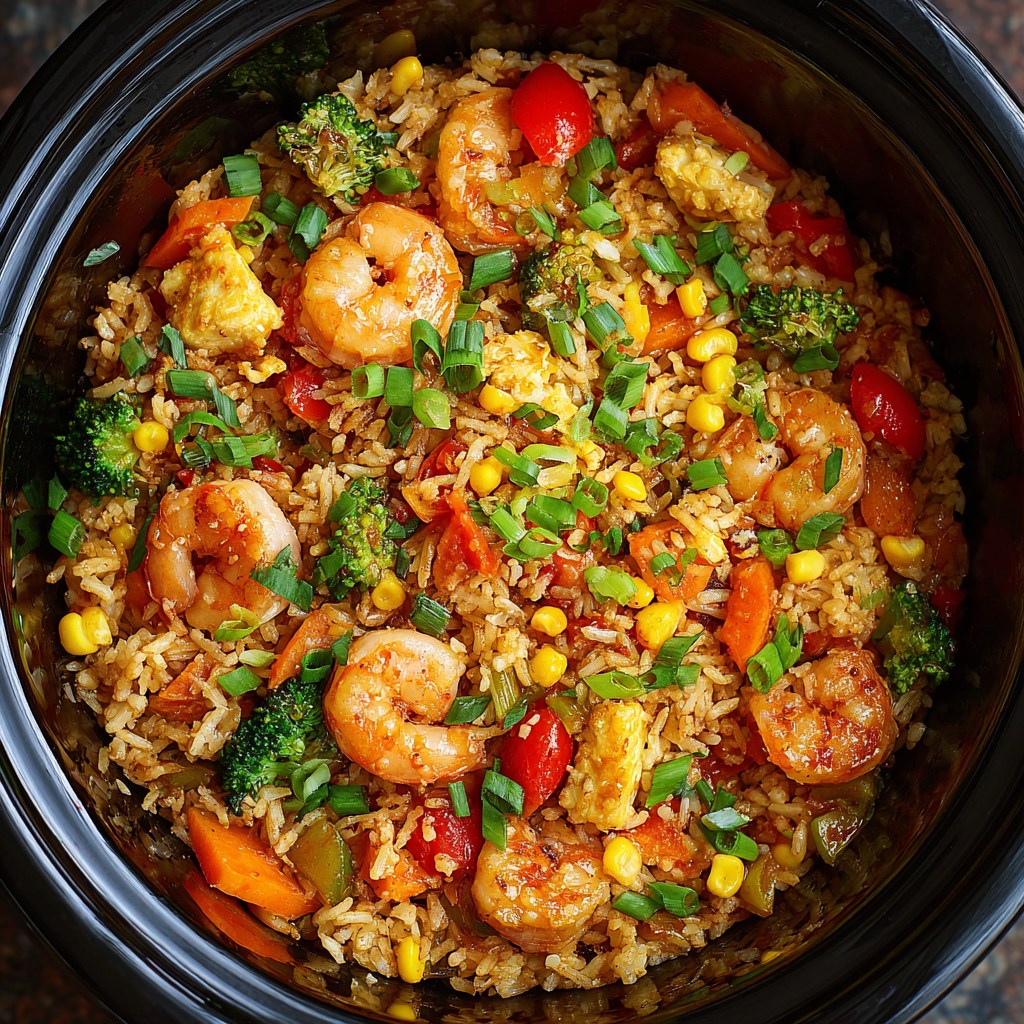 Rainbow Fried Rice (one-pot rice cooker recipe) with shrimp, eggs, and colorful vegetables in rice cooker